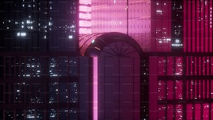 un grand bâtiment avec une lumière rose au milieu