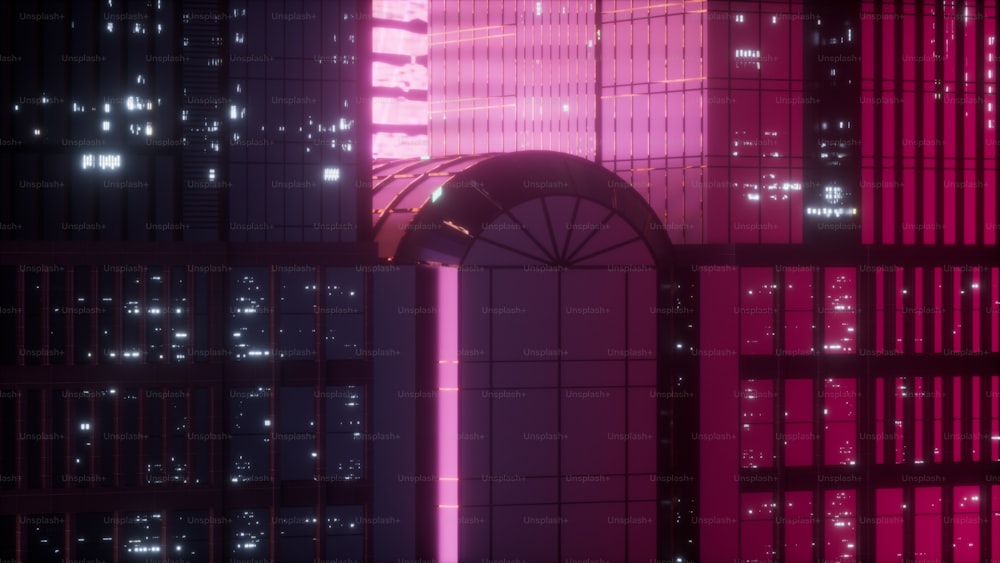 a large building with a pink light in the middle of it