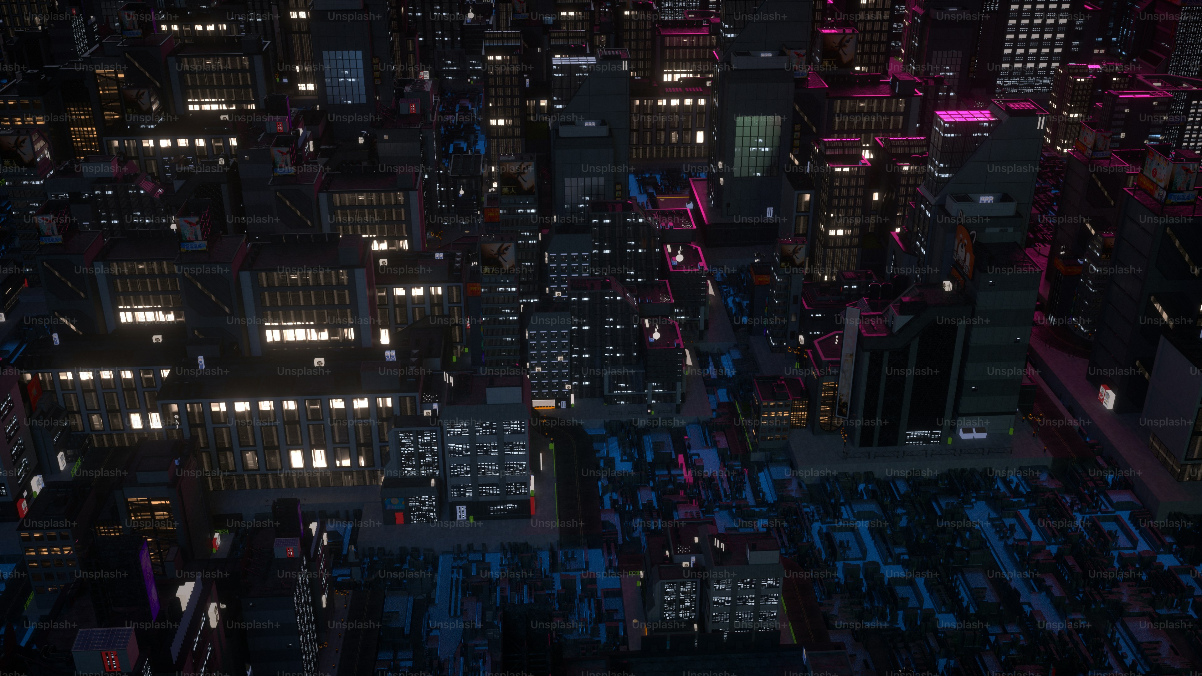 an aerial view of a city at night