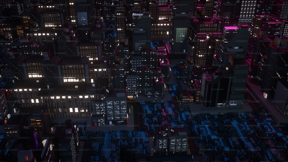 uma vista aérea de uma cidade à noite