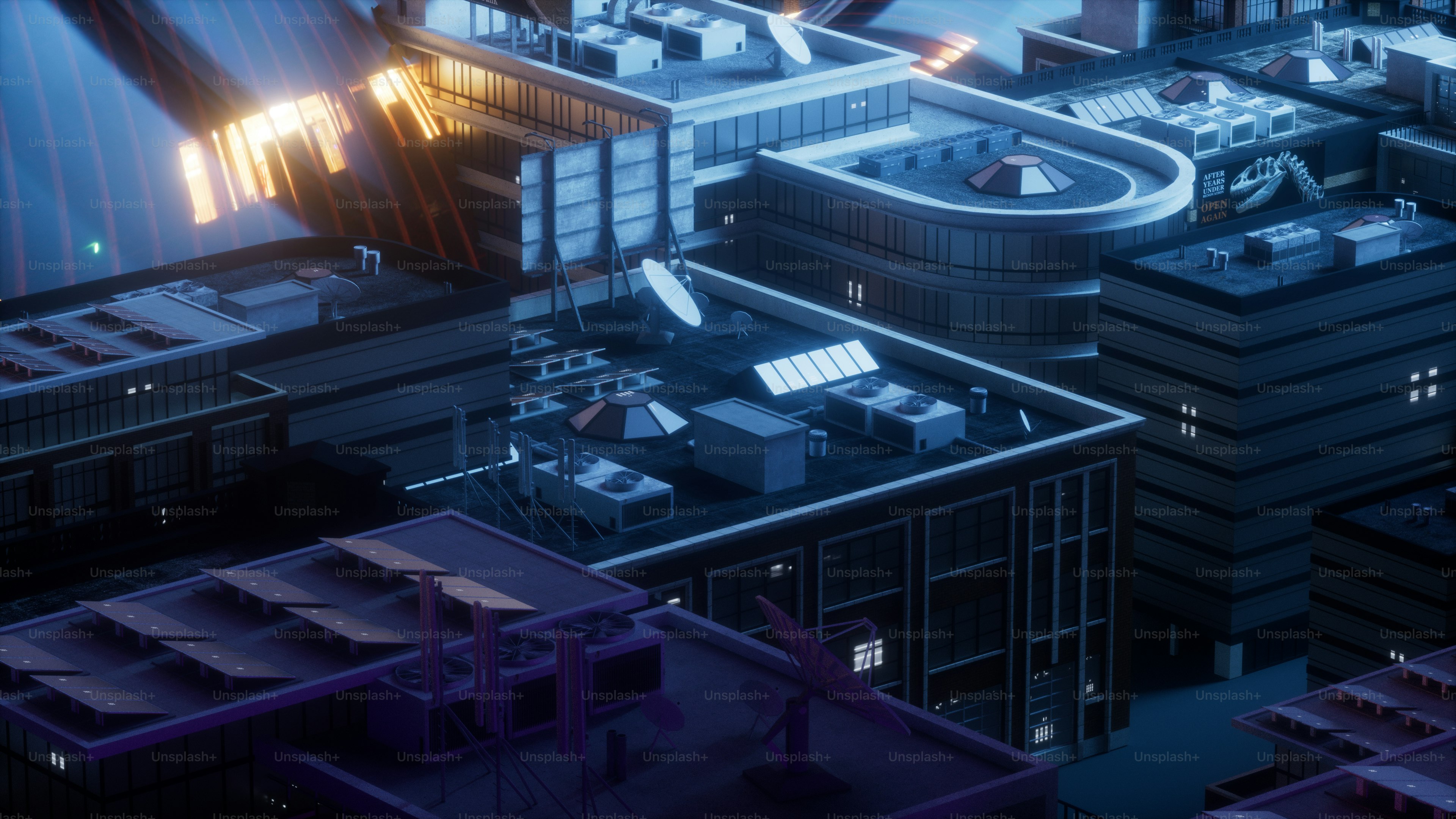 an aerial view of a city at night