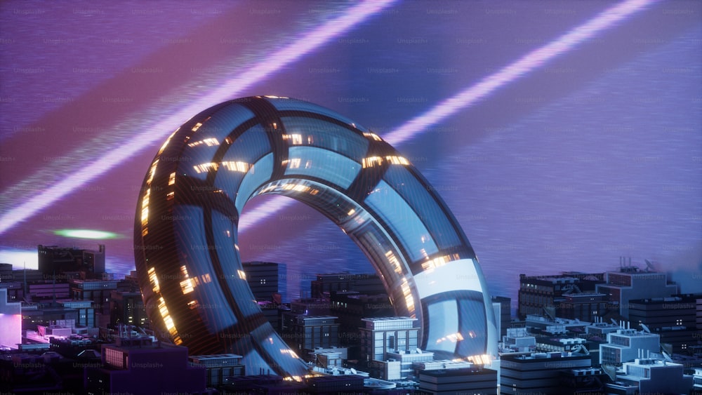 Una ciudad futurista con un gran objeto circular en medio de ella