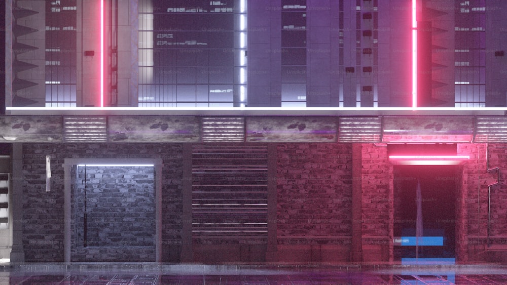 a building with two doors and a neon light