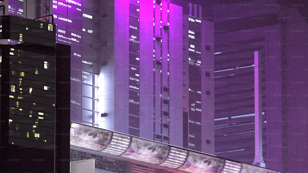 배경에 보라색 빛이 있는 고층 건물