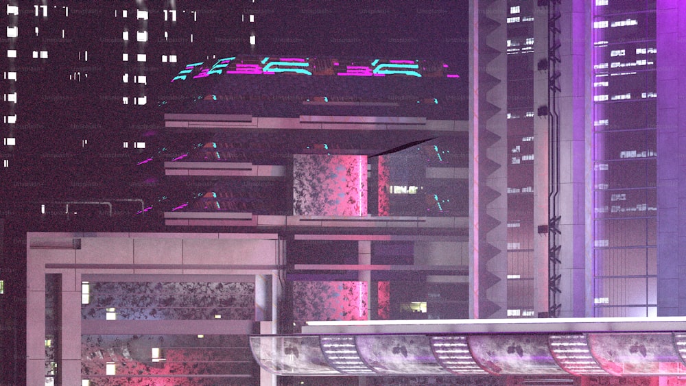 a very tall building with a neon sign on top of it