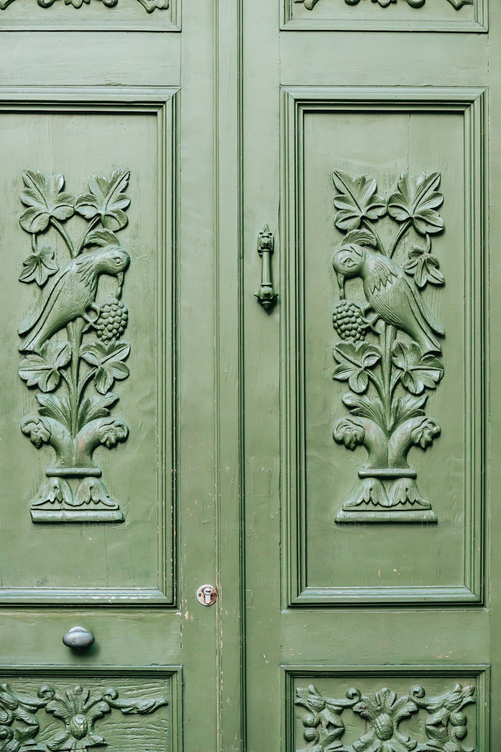 a close up of a green door with carvings on it