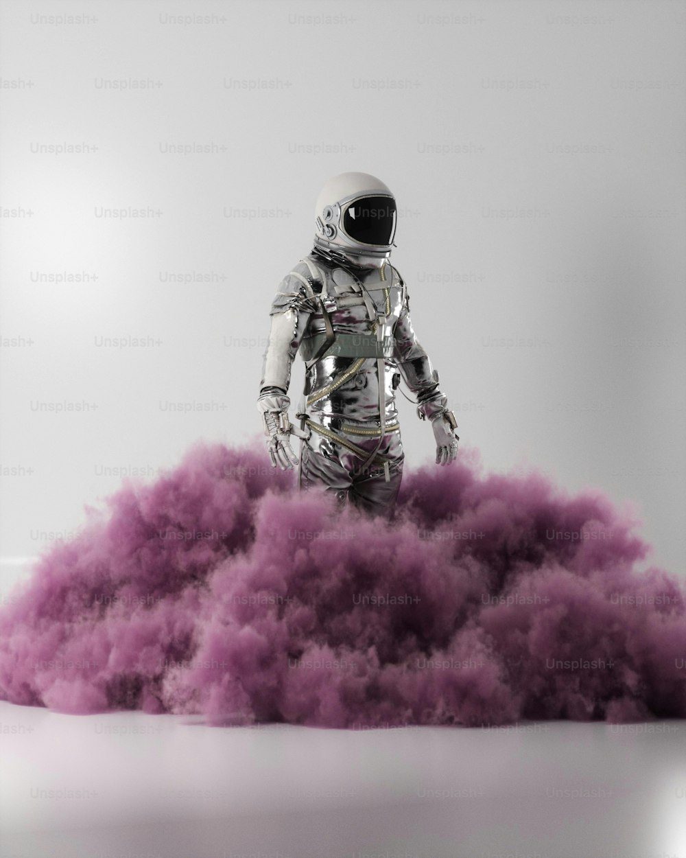 a man in a space suit standing in smoke