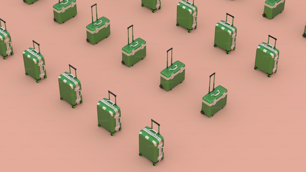 Eine Gruppe grüner Koffer sitzt nebeneinander