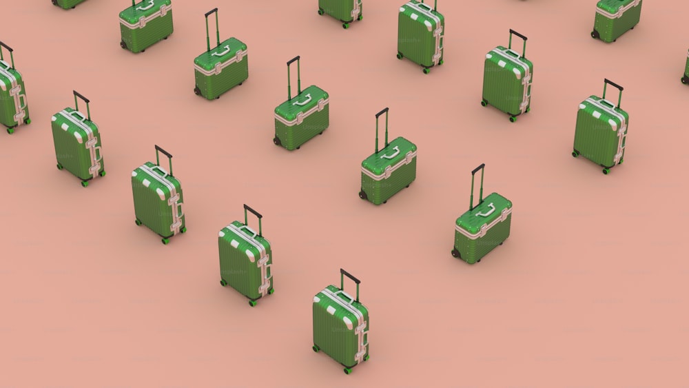 a group of green suitcases sitting next to each other