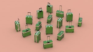 隣り合って座っている緑色のスーツケースのグループ