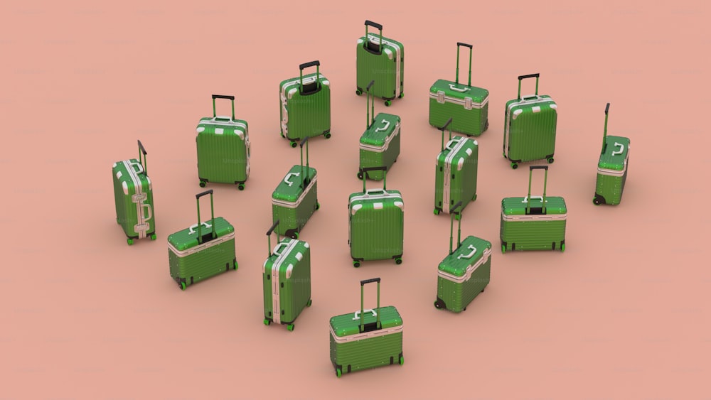 a group of green suitcases sitting next to each other