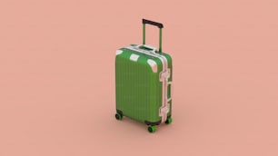 uma mala verde com rodas em um fundo rosa