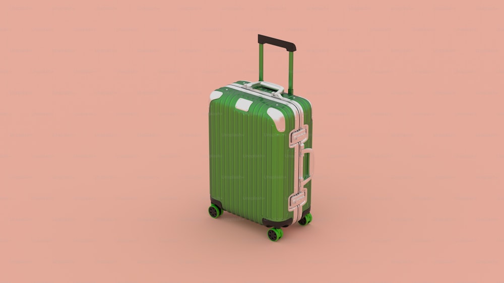 ピンクの背景に車輪付きの緑のスーツケース