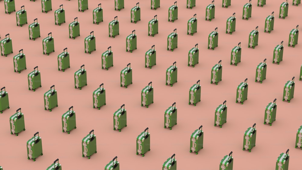 a large group of green objects on a pink surface
