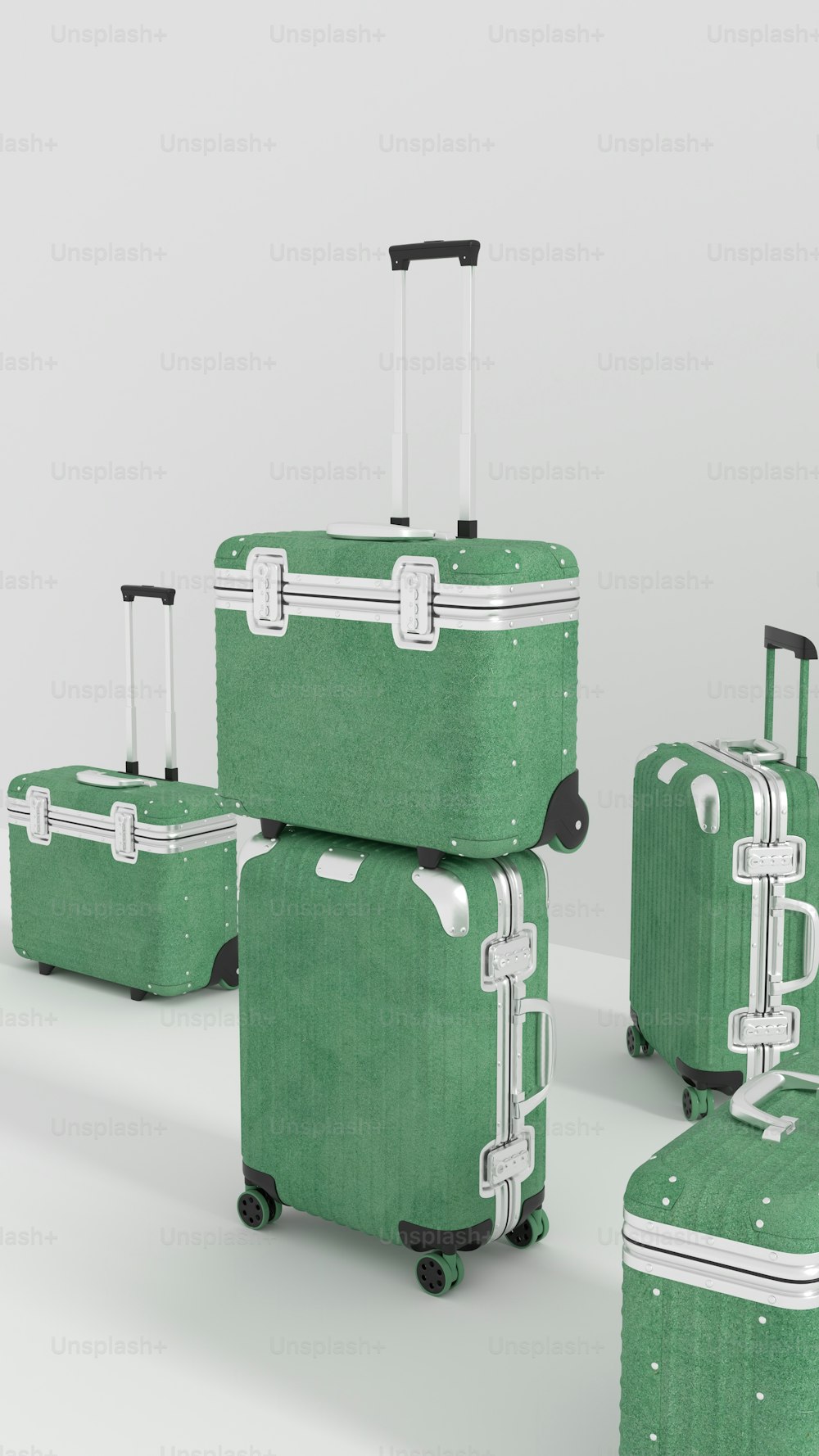 a group of four suitcases sitting next to each other