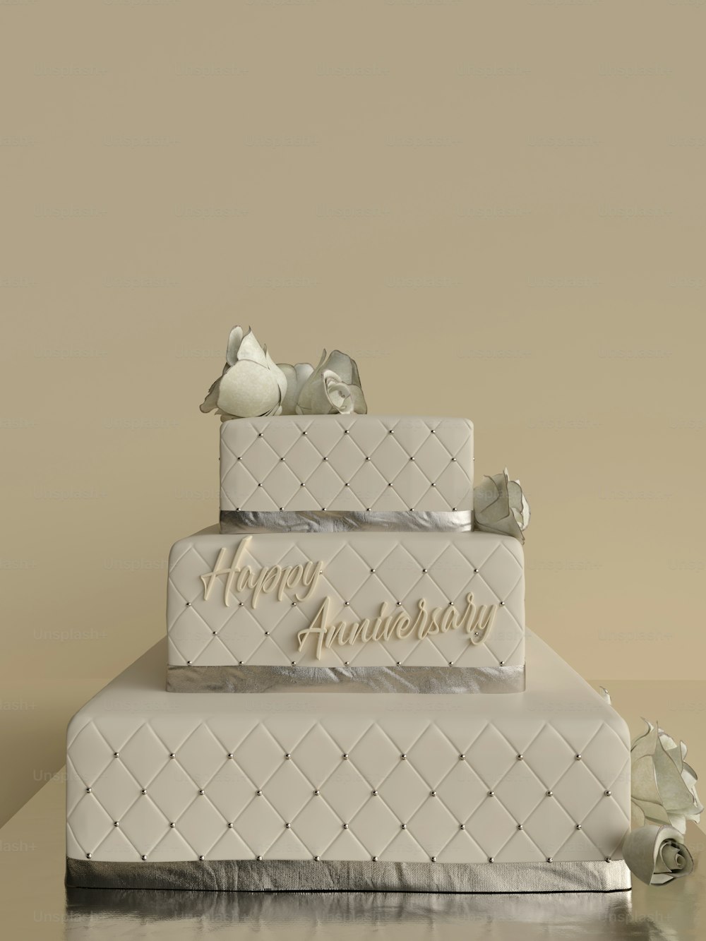a three tiered cake with a happy anniversary sign on it