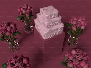 um grupo de vasos cheios de rosas cor-de-rosa