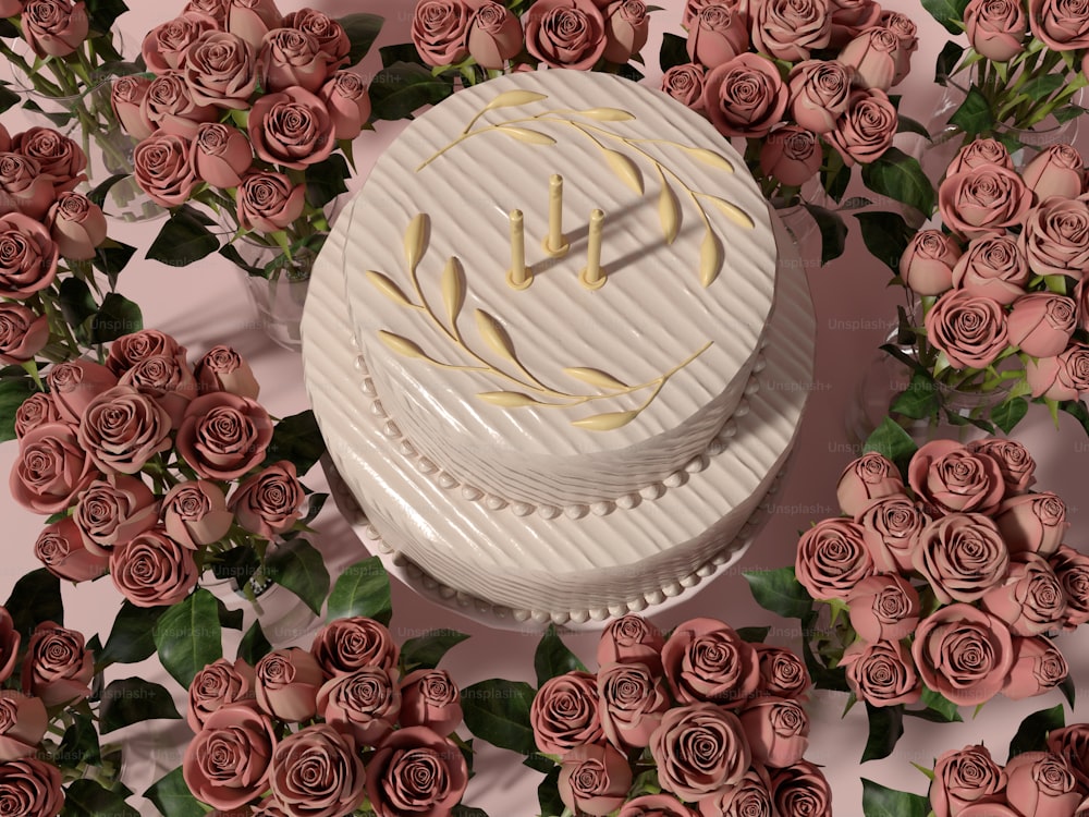 un gâteau blanc entouré de roses roses sur fond rose