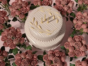 a white cake surrounded by pink roses on a pink background