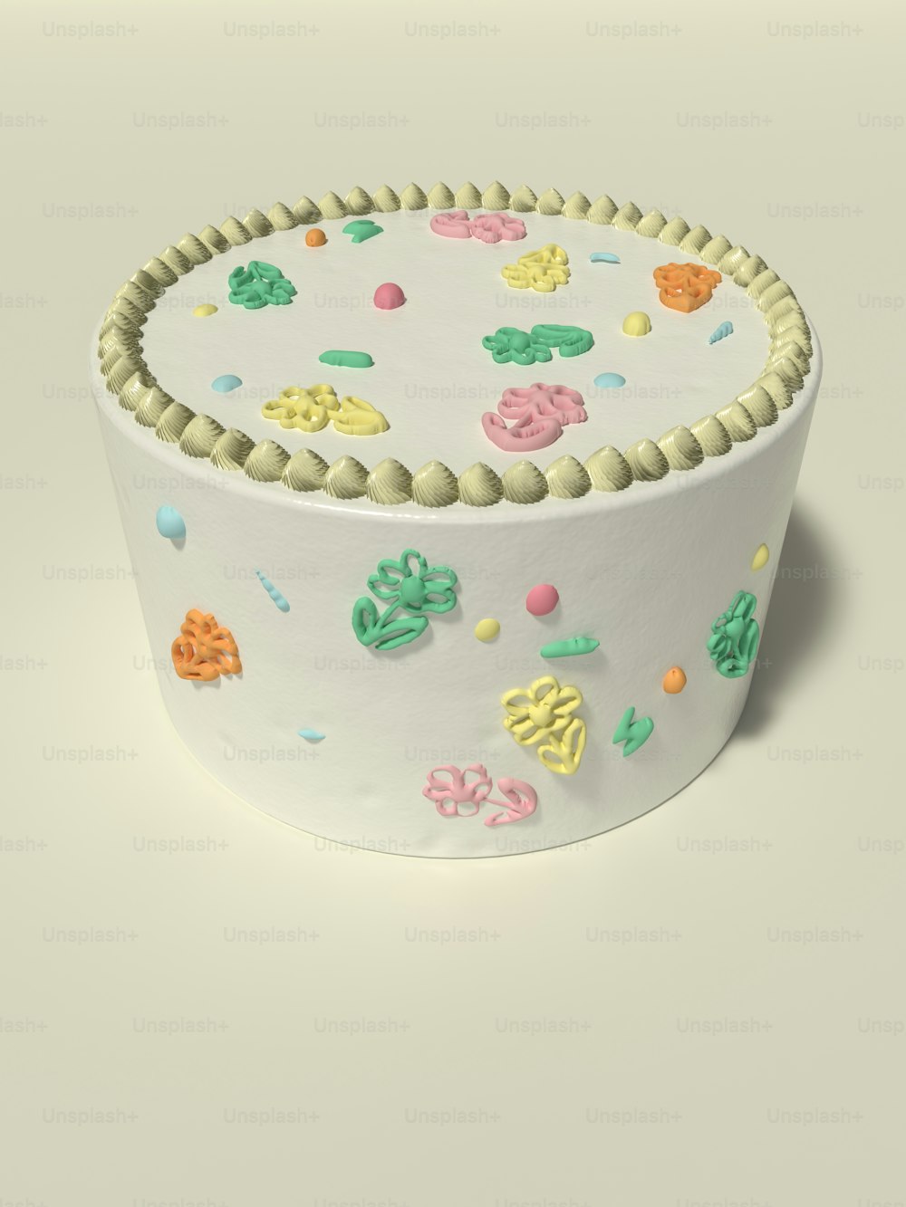 um bolo branco com cobertura multicolorida em cima dele
