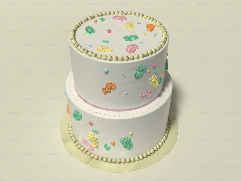 um bolo de três camadas decorado com doces e doces