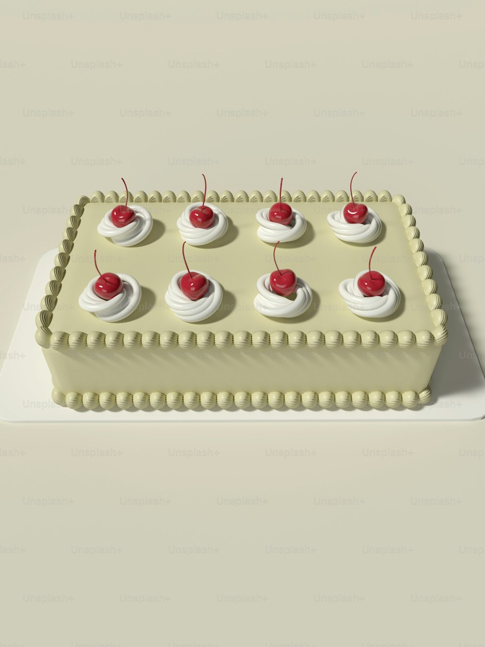 um bolo com cobertura branca e cerejas sobre ele