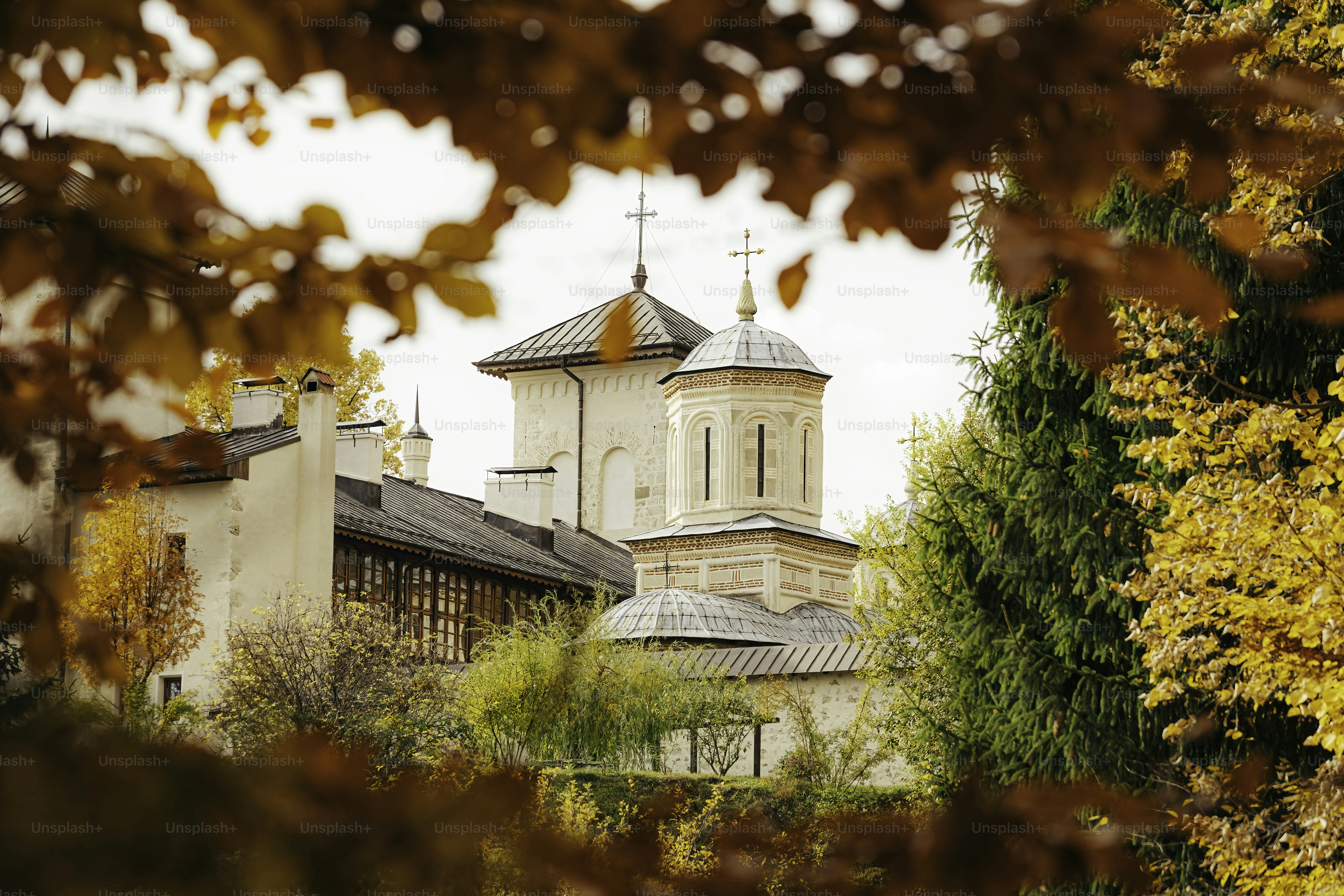 Eine Kirche mit einem von Bäumen umgebenen Kirchturm