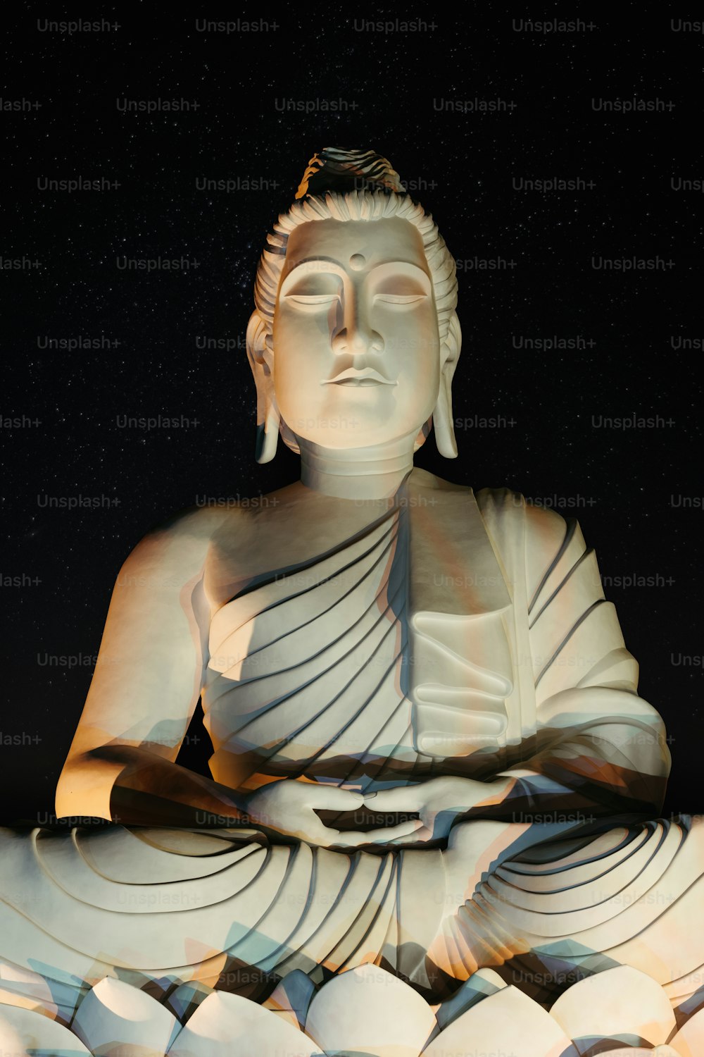 uma estátua branca de Buda sentada em cima de uma pilha de bolas brancas