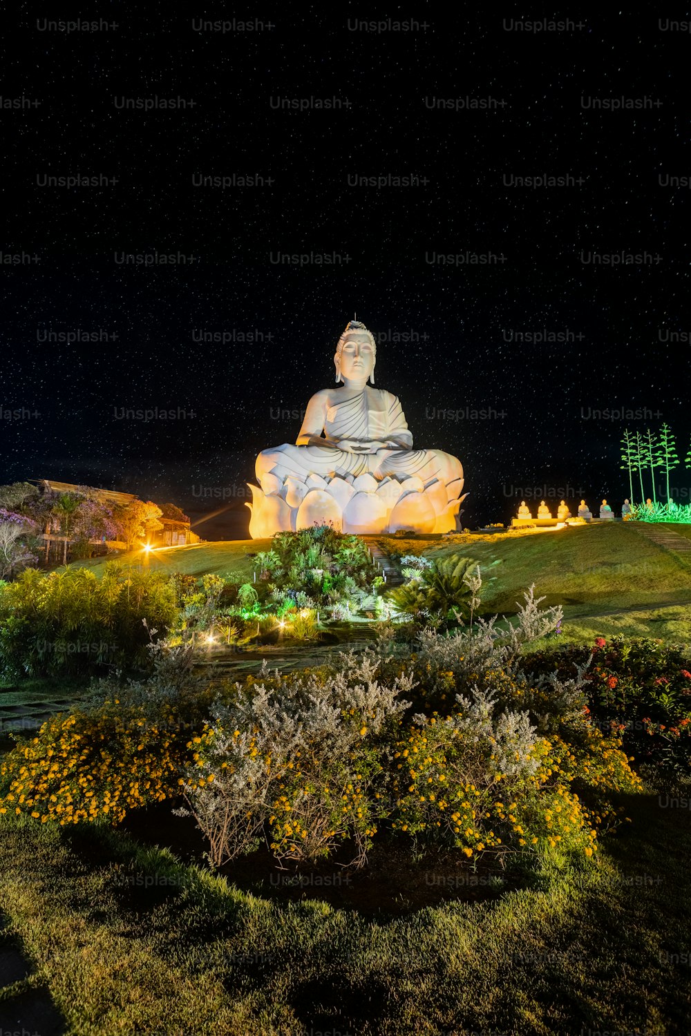 a buddha statue sitting on top of a lush green field