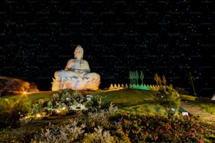 Une statue de Bouddha assise au sommet d’une colline verdoyante