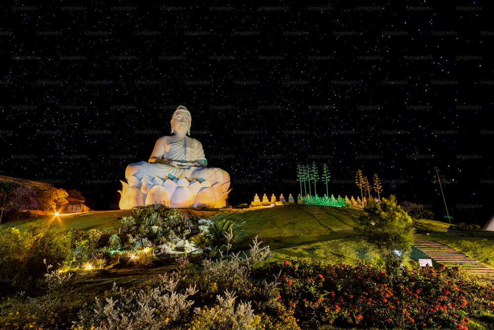 uma estátua de Buda sentada no topo de uma encosta verde exuberante