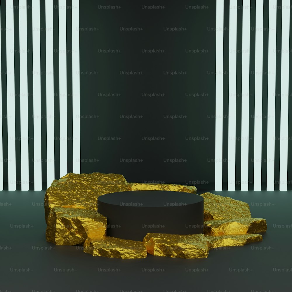a black table with gold foil on it
