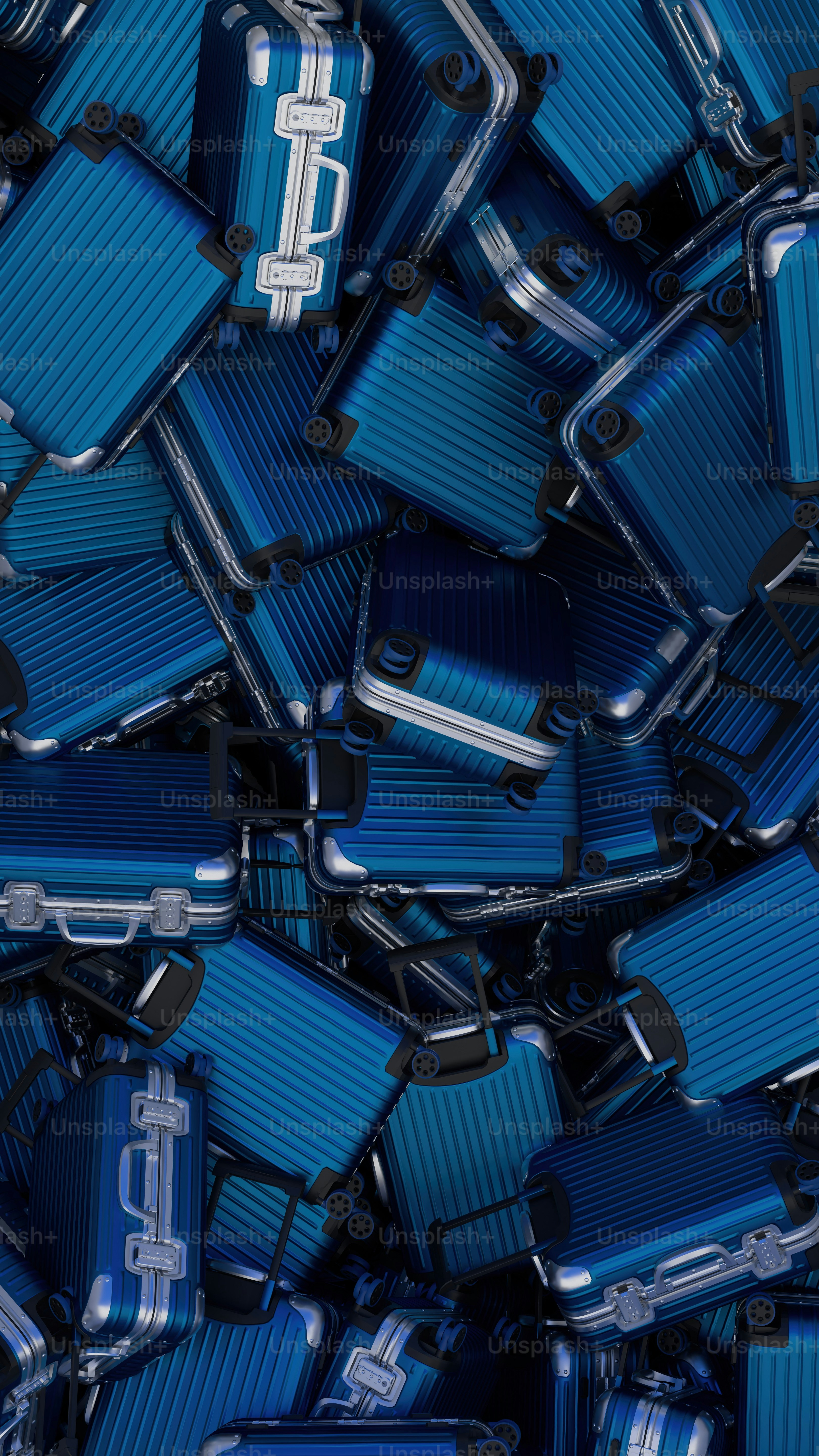 a pile of blue luggage sitting next to each other