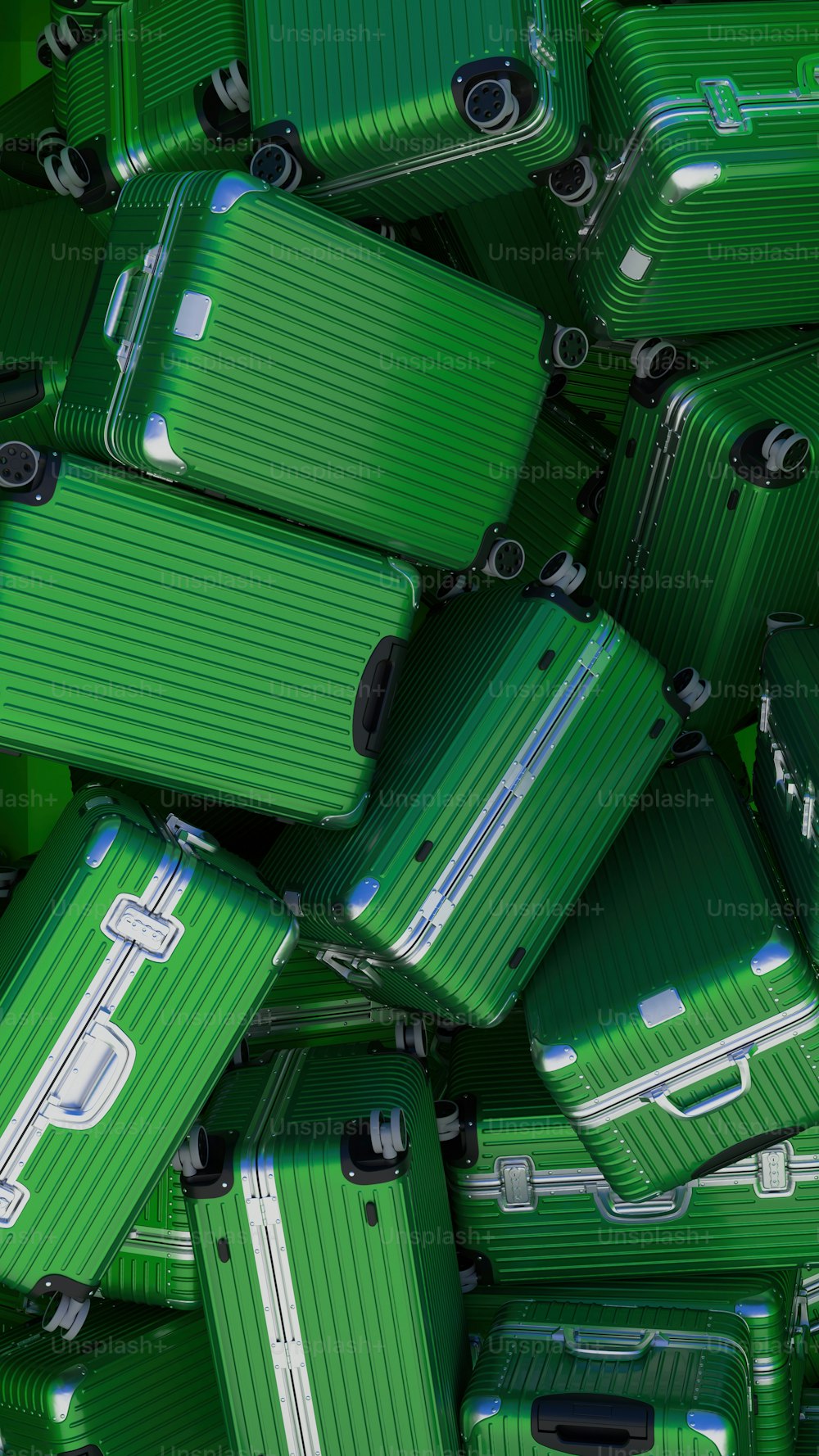 a pile of green suitcases piled on top of each other