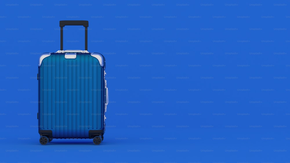 a blue suitcase on wheels against a blue background
