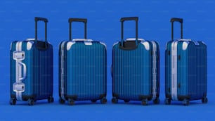 três peças de bagagem azul sentadas uma ao lado da outra