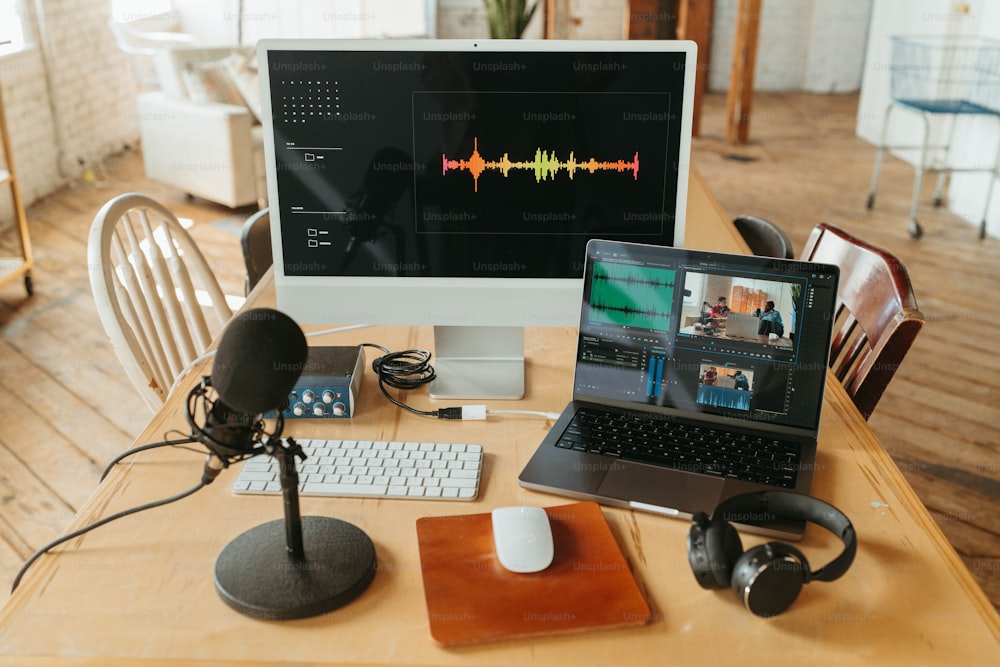 a laptop computer sitting on top of a wooden desk