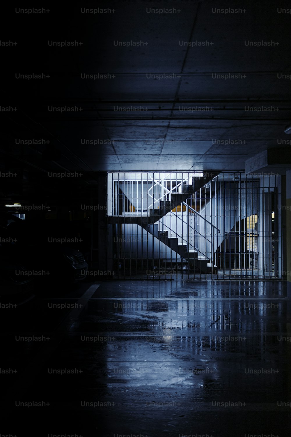 a staircase in a building with a light on