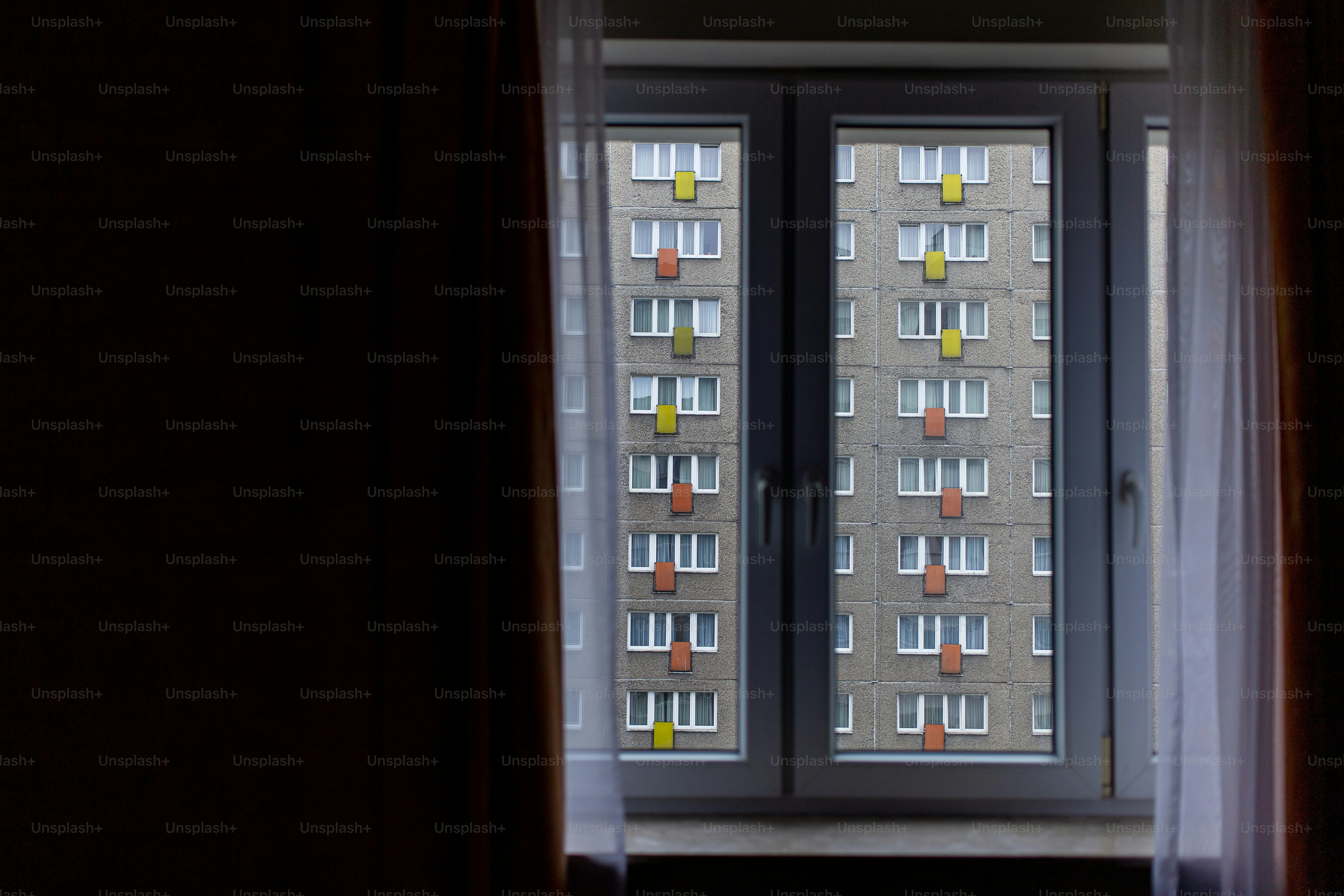 a view of a building through a window