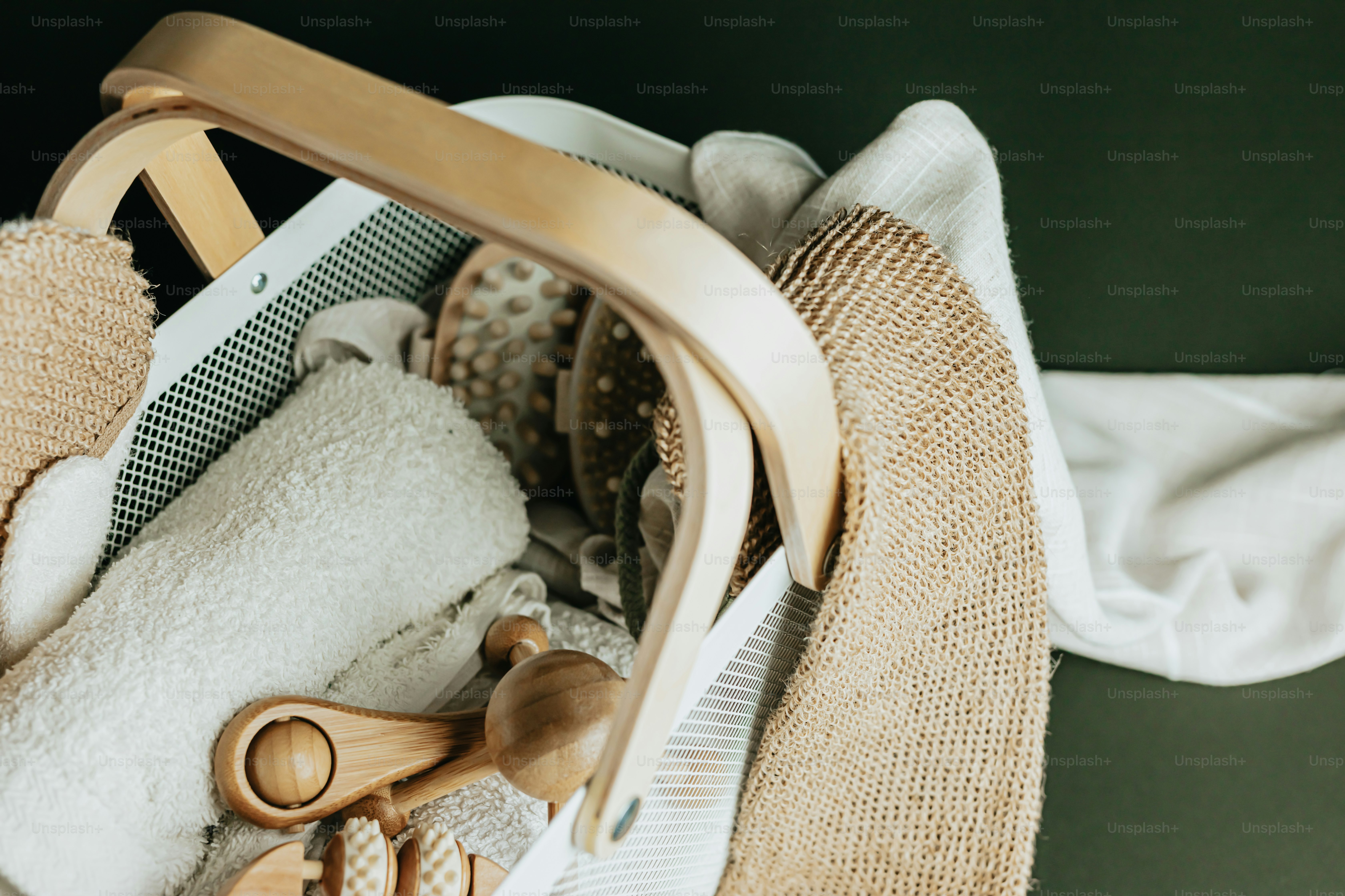a basket filled with lots of items on top of a table
