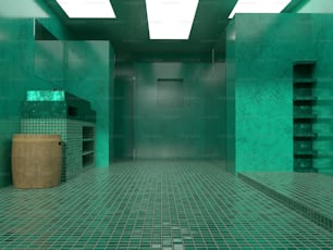 Una habitación con suelo de baldosas verdes y estantes