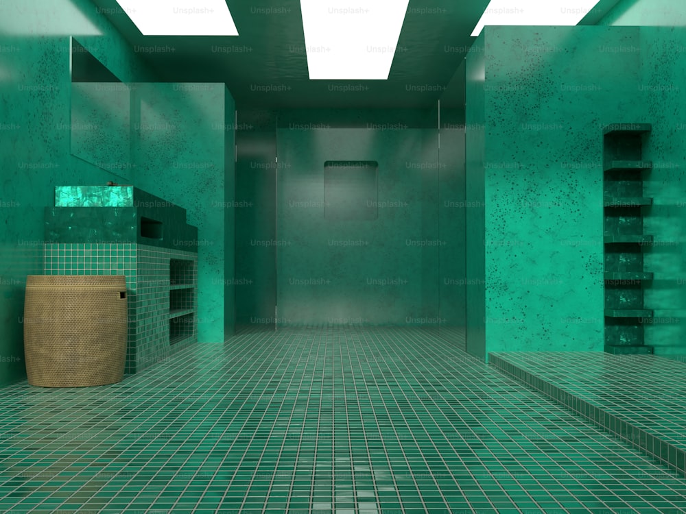 una stanza con pavimento piastrellato verde e scaffali