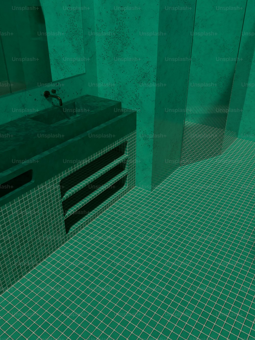 タイル張りの床に洗面台付きのバスルーム