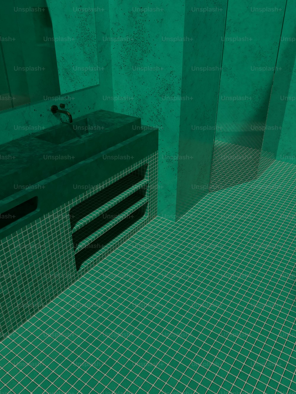 a bathroom with a sink and tiled floor