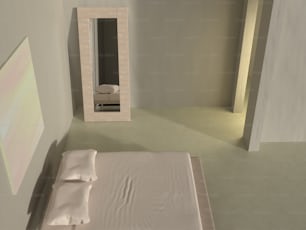 una camera da letto con un letto e uno specchio sul muro