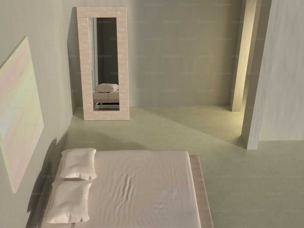 ein Schlafzimmer mit einem Bett und einem Spiegel an der Wand