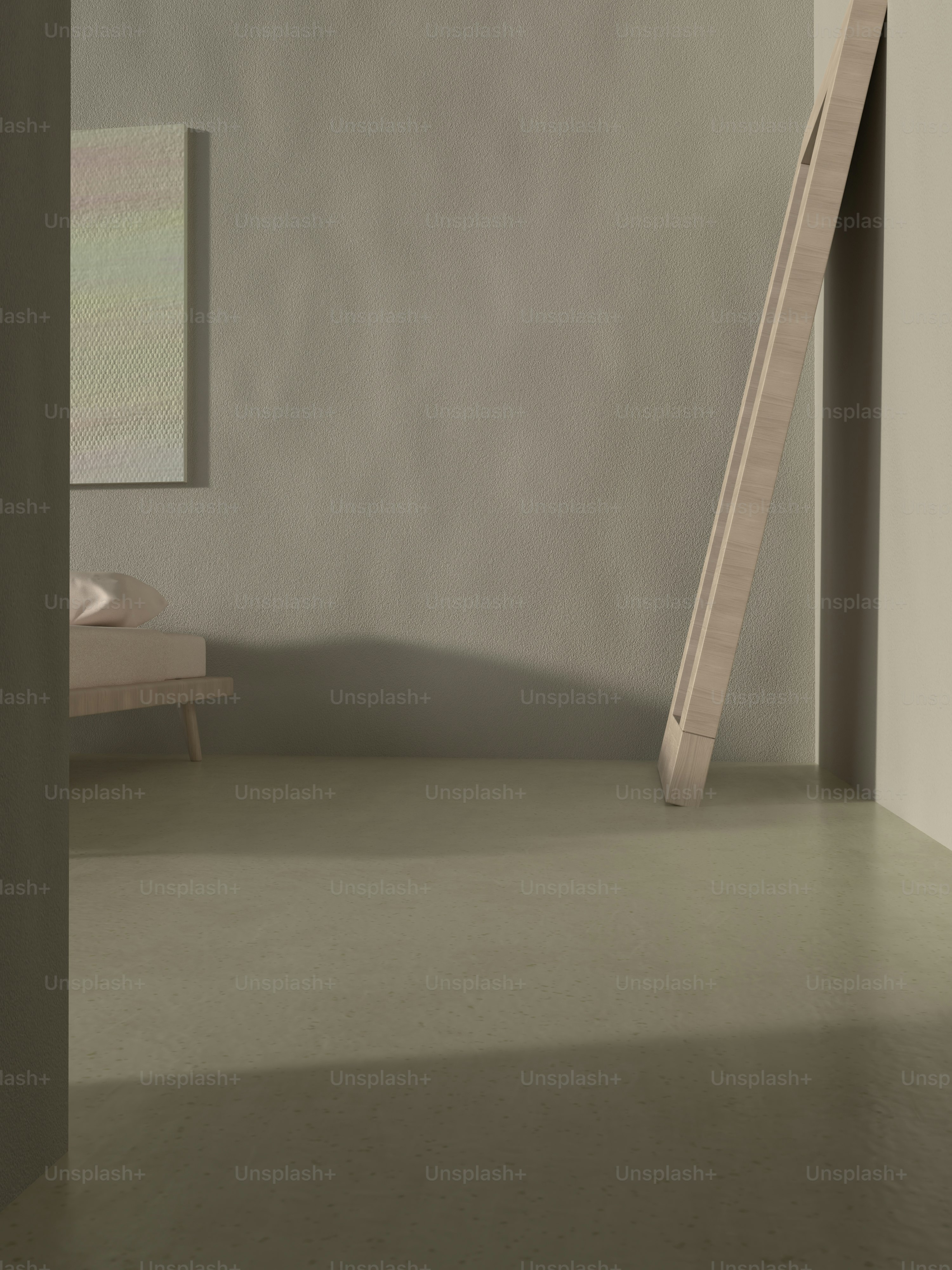 a room with a bed and a ladder in it