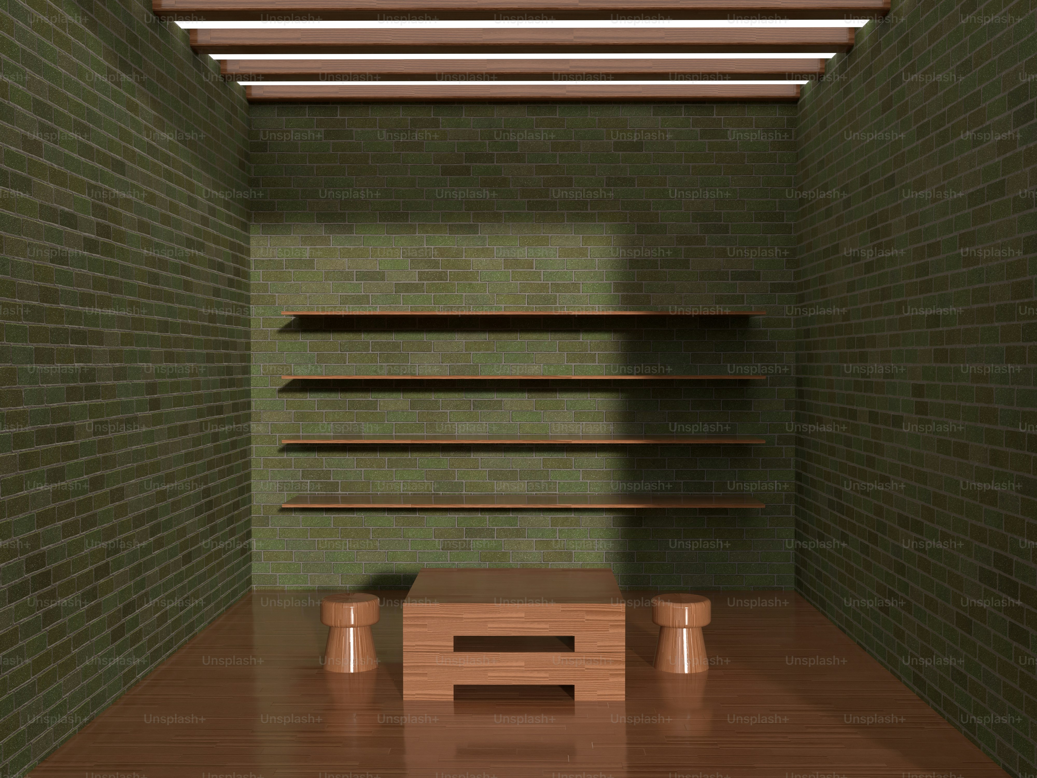 a room with a shelf and two stools