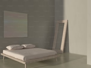 uma cama branca sentada em um quarto ao lado de uma pintura