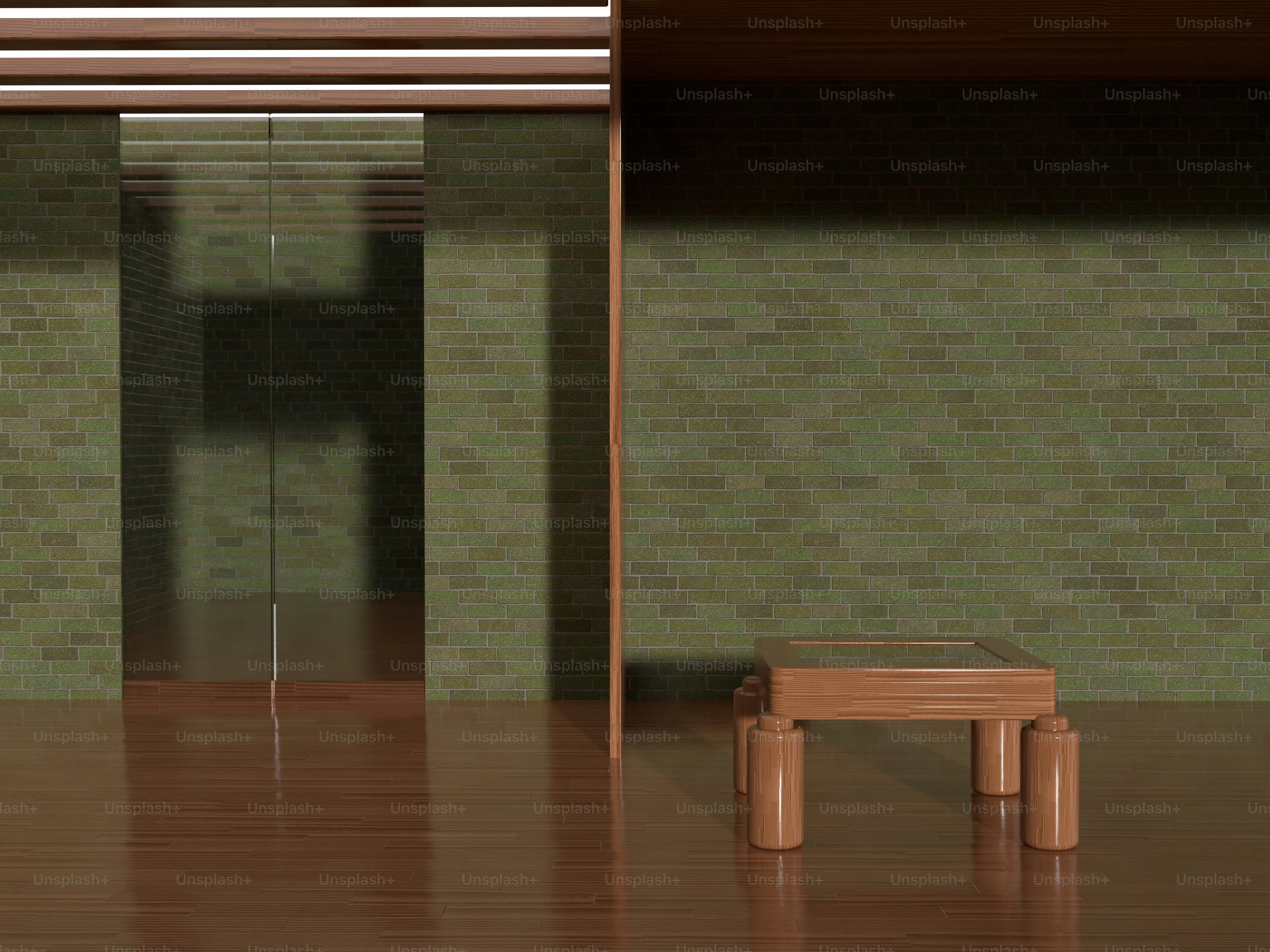 a room with a wooden bench and a tiled wall
